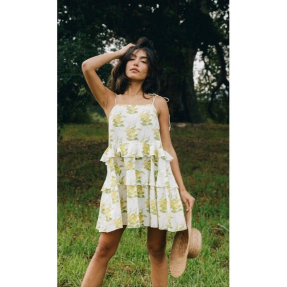 COUSIN THE LABEL NWT SZ M Floral Tiered Mini Dress YELLOW GREEN